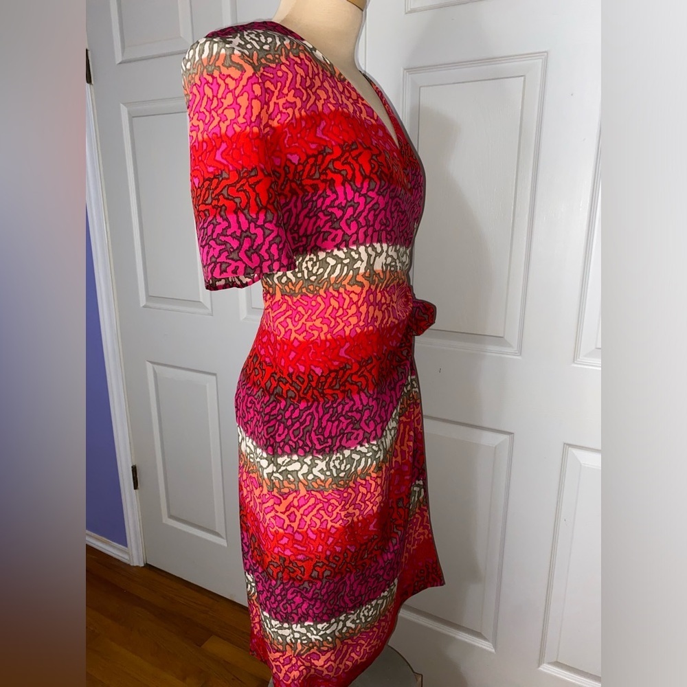 Adrianna Papell Silk Wrap Dress – Size 12 | Pink Colorful Animal Print | Party